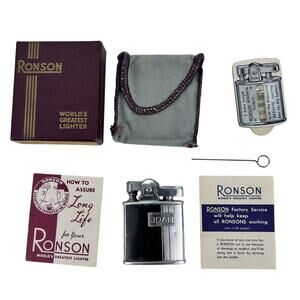 Vintage Ronson Princess Lighter Chrome with Box, Pamphlets, Holder, Pin, Flints